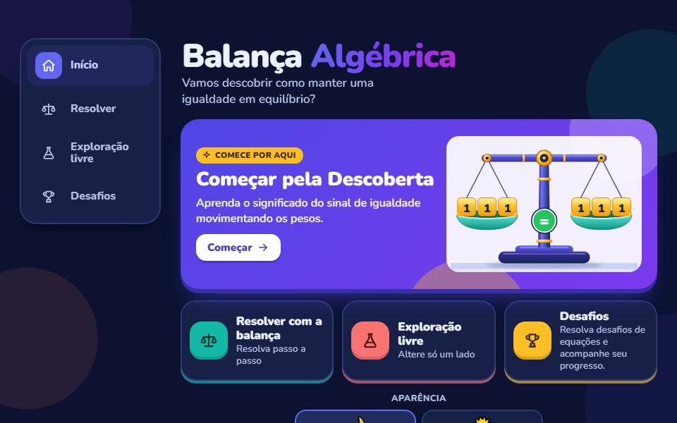 Tela inicial do aplicativo Balança Algébrica, com as opções Resolver com a balança, Exploração livre e Desafios.