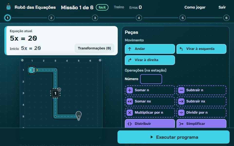 Tela do Robô das Equações, com o tabuleiro, a equação e os comandos de programação.